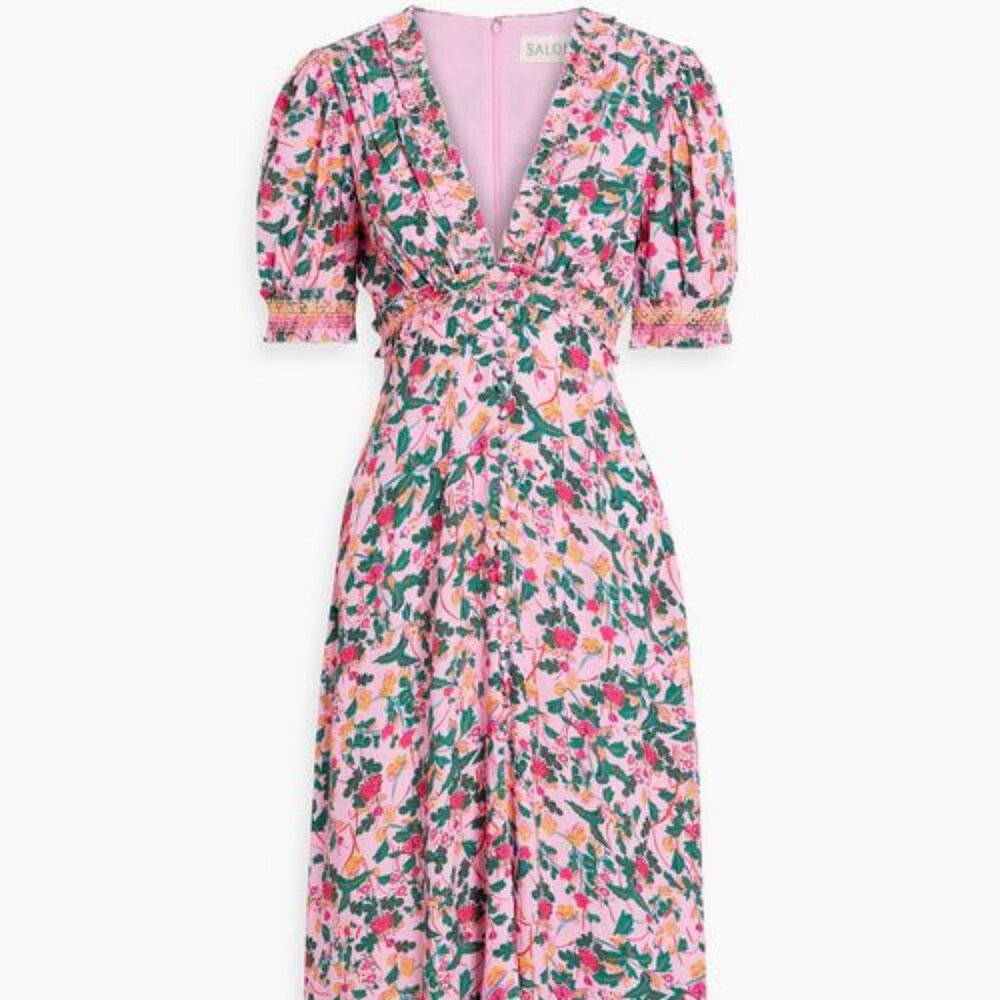 SALONI Pink Floral Maxi Dress with Green Leaf Print Lea Dress